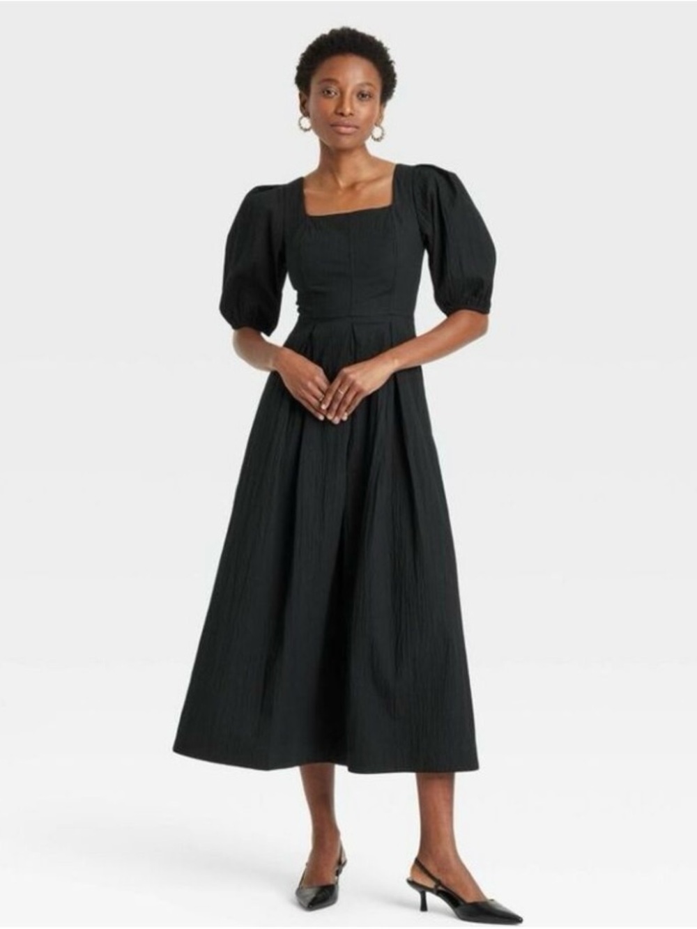 a new day Black Seersucker Square-Neck Midi Dress black size L